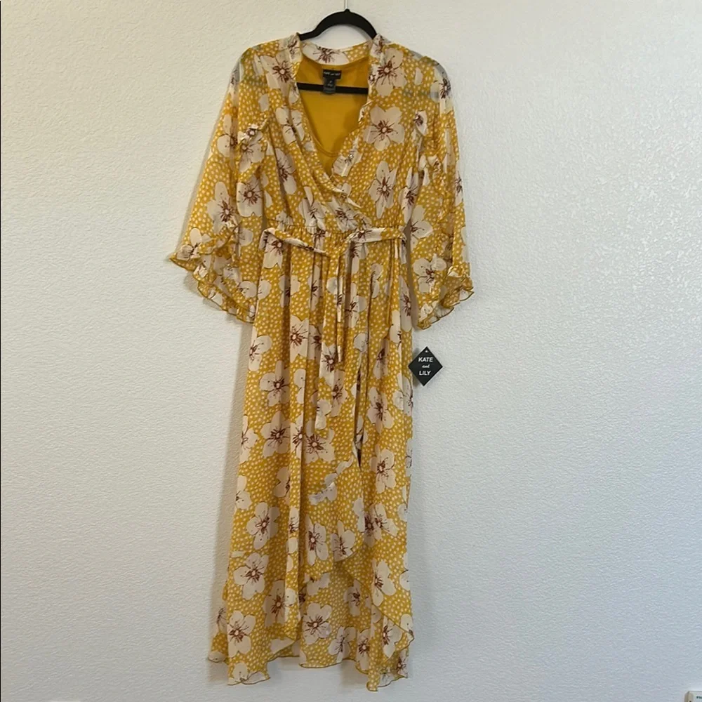 Floral Yellow Wrap Dress - Picture 2 of 6